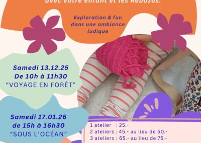 Des parents apprennent des techniques de portage et de relaxation rebozo avec leurs enfants de 1 à 6 ans"