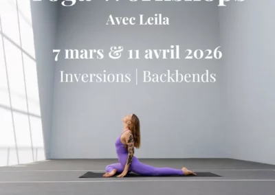 Flyer coloré présentant les cours de yoga à Famaia, St-Blaise, Neuchâtel pour débutants et avancés avec horaires et contact