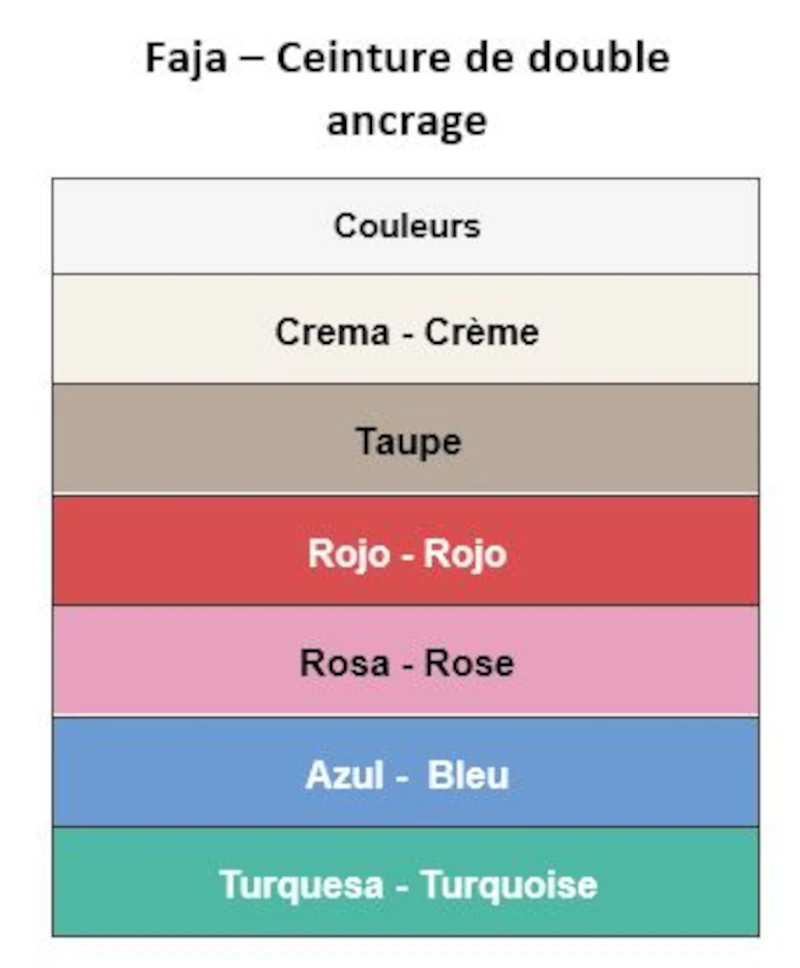 Collection de fajas ceintures d'ancrage artisanales en coton tissé, six couleurs disponibles chez Espace Famaïa
