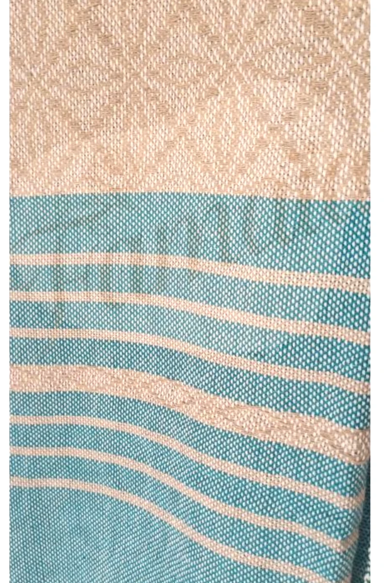 Détail du tissage turquoise à motif losange et rayures du rebozo Ecanto, Tadoulamie