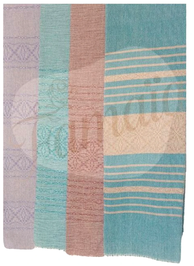 Rebozo Ecanto plié, bandes tissées mauve, turquoise, rose et turquoise rayé, Tadoulamie