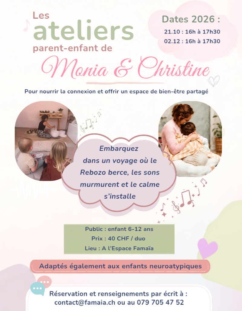 Flyer : Les ateliers de Monia & Christine, parent-enfant dès 6 ans. par duo, mercredi 21 octobre